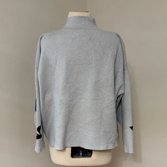Anthropologie Light Gray Mock-Neck Sweater with Blue Floral Motif - Picture 2 of 8